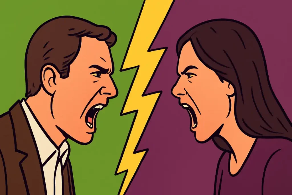 Dos personas gritándose cara a cara separadas por un rayo amarillo, con fondo dividido entre verde y púrpura, simbolizando la confrontación de los extremos ideológicos.