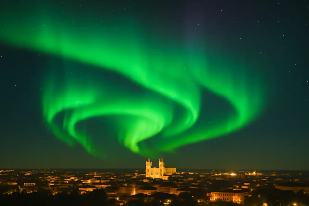 Aurora boreal iluminando el cielo sobre una ciudad española durante la noche