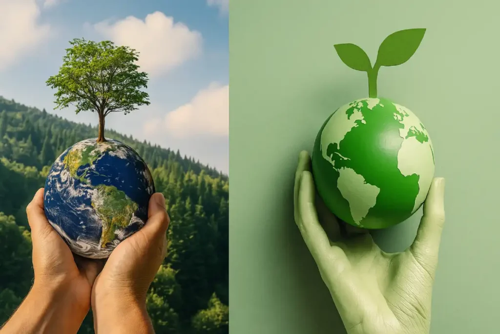 Contraste visual entre ecología auténtica y postureo verde: una mano real sostiene la Tierra con un árbol vivo, frente a una mano artificial que sostiene un planeta falso con una planta decorativa.