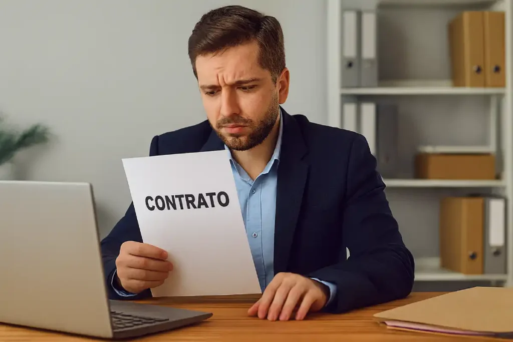Hombre en oficina revisando un contrato con expresión de preocupación