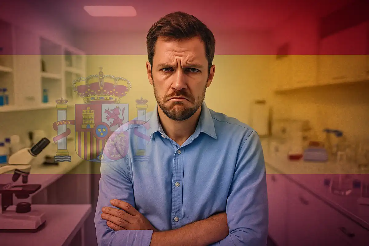 Innovador español frustrado en un laboratorio, con la bandera de España de fondo, simbolizando la falta de apoyo a la innovación.