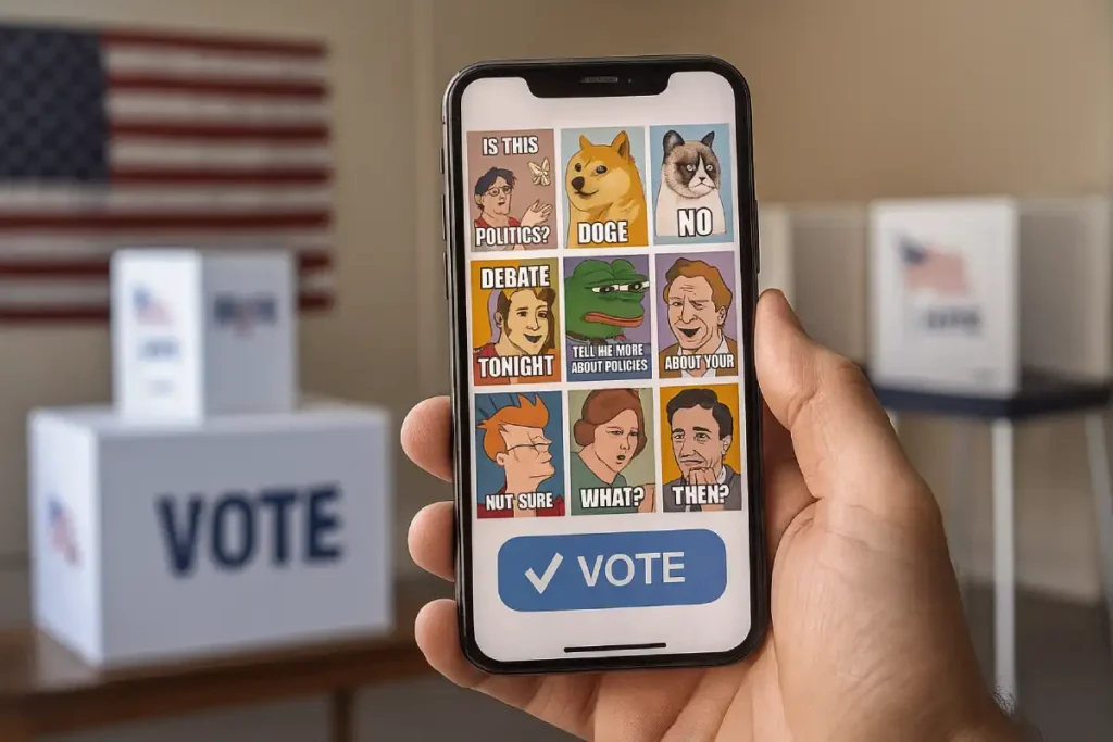 Mano sosteniendo un móvil con memes políticos en la pantalla, sobre un fondo de urna electoral con la palabra VOTE