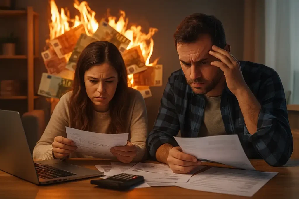 Pareja preocupada revisando facturas frente a billetes de euro en llamas, simbolizando la crisis financiera de 2026.