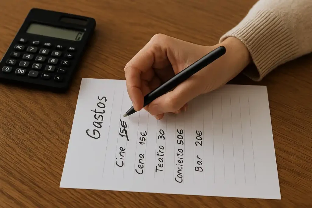 Mano tachando “cine” en una lista de gastos de ocio junto a una calculadora sobre mesa de madera