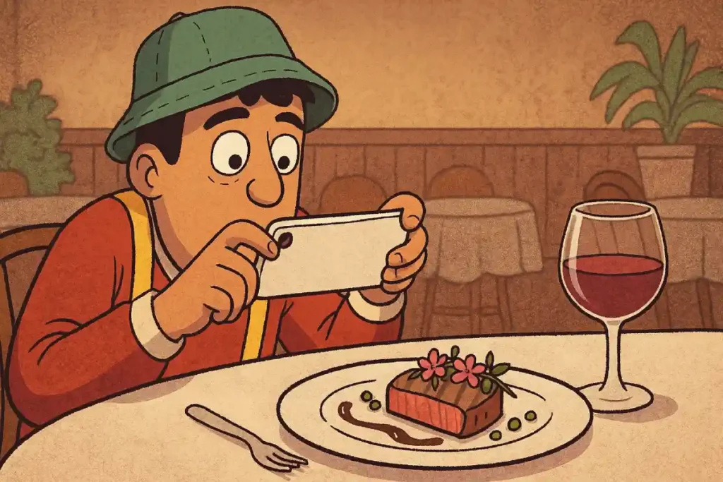 Hombre con gorro verde y tirantes fotografiando un plato decorado y escaso en un restaurante moderno, simbolizando el postureo gastronómico criticado en el artículo.