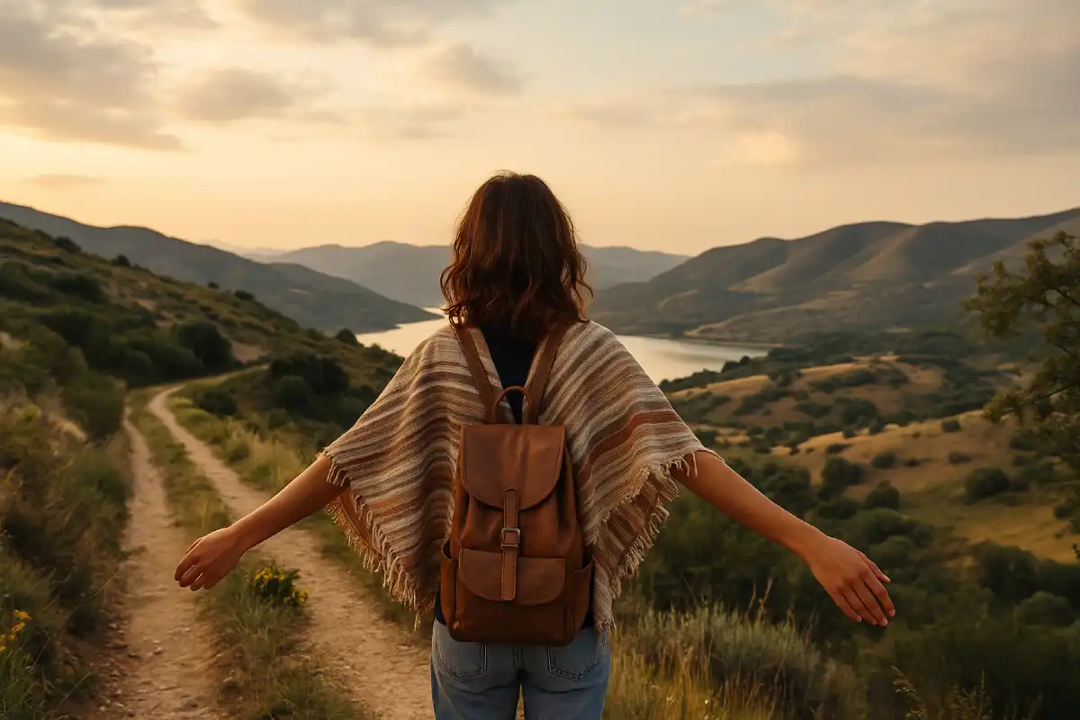 Mujer viajera con mochila contempla un paisaje natural al atardecer en un camino rural, simbolizando un viaje con alma y slow travel en 2025.