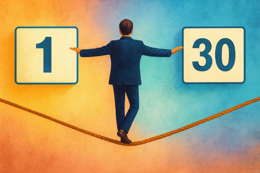 Hombre sobre cuerda floja entre el 1 y el 30 de un calendario, simbolizando la dificultad de llegar a fin de mes con un sueldo justo
