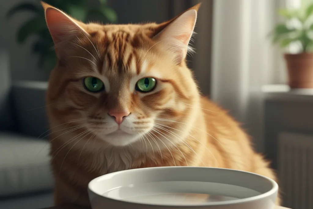 Gato doméstico con expresión seria sentado al lado de un cuenco de agua lleno que no ha bebido