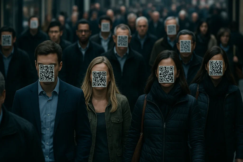 Personas caminando con códigos QR en la cara simbolizando la vigilancia masiva