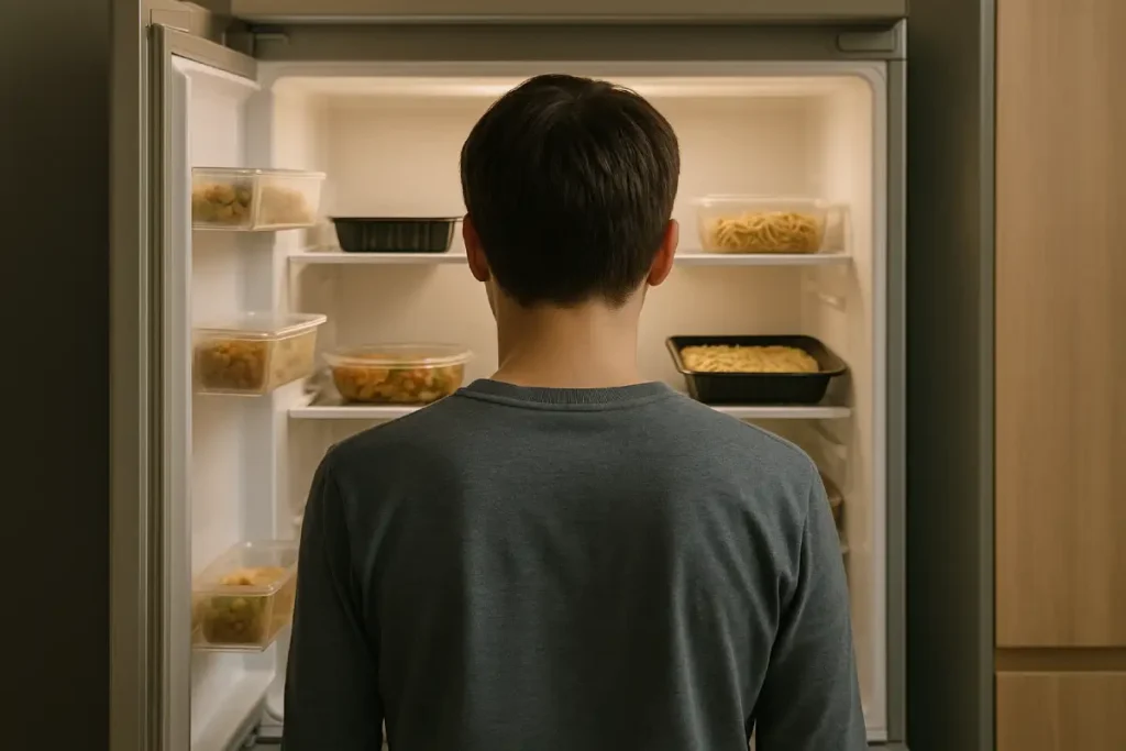 Persona de espaldas observando una nevera con bandejas de comida precocinada