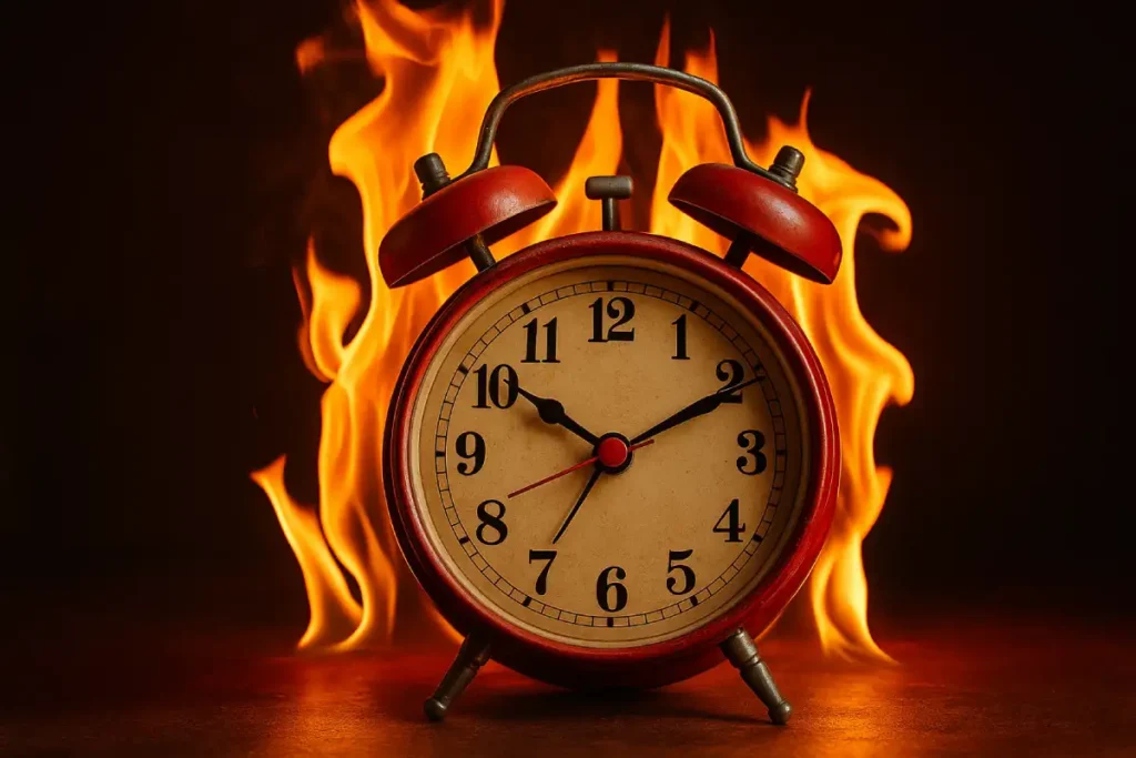 Reloj analógico clásico envuelto en llamas, representando el tiempo que se agota en un contexto de alarma o crisis