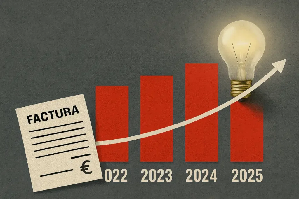 Gráfico de barras con años 2022 a 2025 mostrando la subida del precio de la luz, con una factura y una bombilla encendida.
