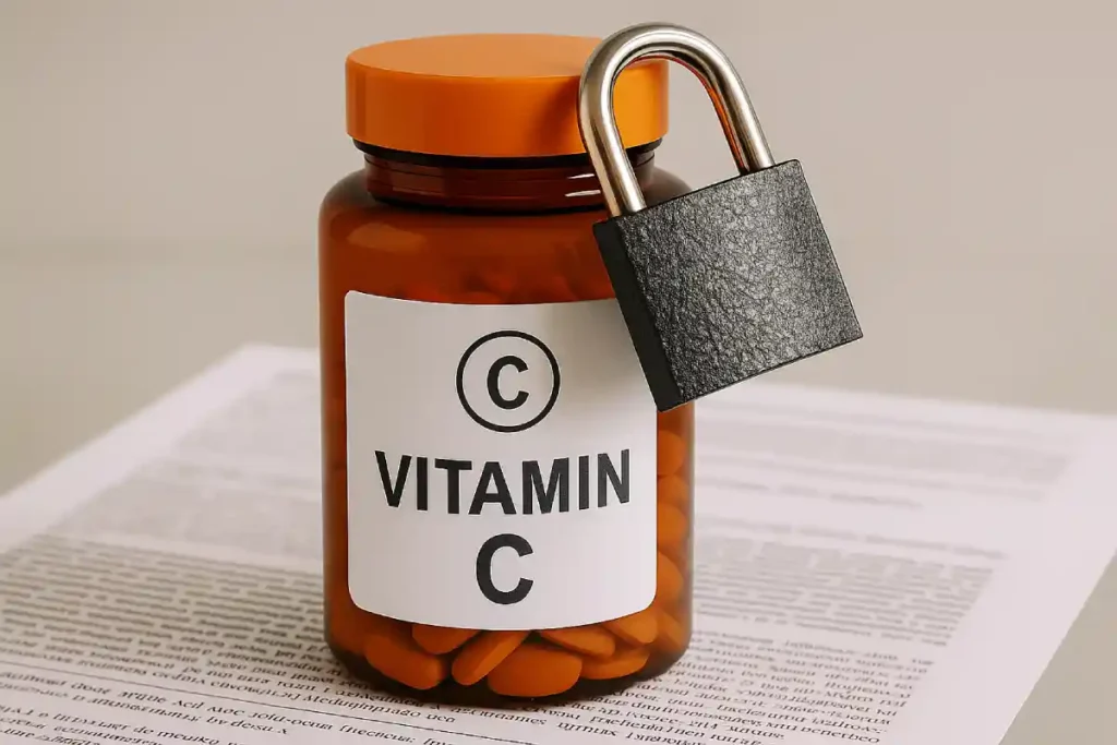 Frasco de vitamina C con candado sobre documentos científicos, simbolizando información bloqueada o censurada