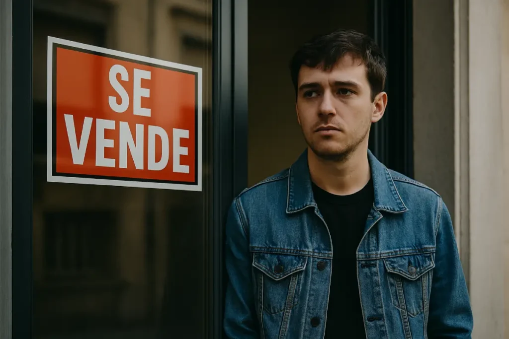 Joven frente a cartel de “SE VENDE” que simboliza la crisis de vivienda entre menores de 35