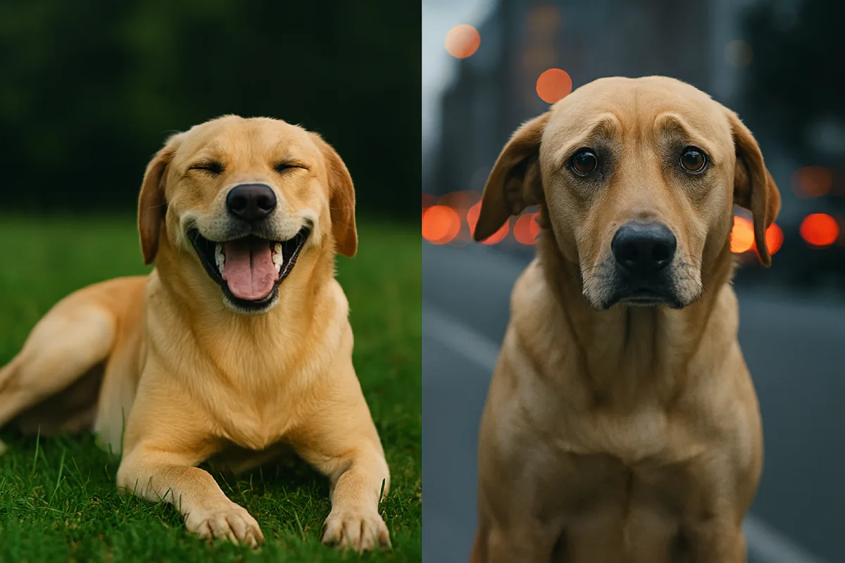 Perro muy feliz en naturaleza junto a un perro muy triste en la ciudad, mostrando el contraste emocional entre bienestar y estrés en perros.